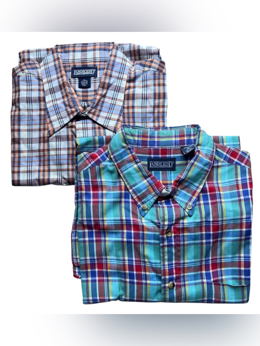 LOT of 2 Lands' End Casual Button Down Shirts Size XL 17.5 Neck Plaid Cotton